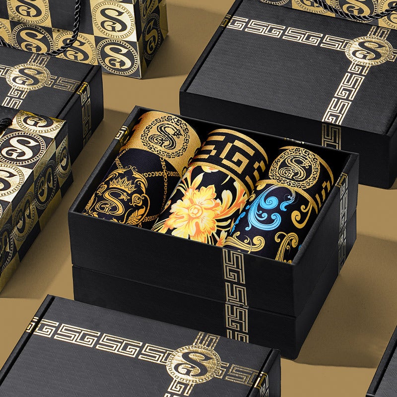 Men'S Underwear Ice Silk Breathable Thin Magnet Curing Personalized Printing Antibacterial Inner Pants 3 Black Gold Box - Image 2